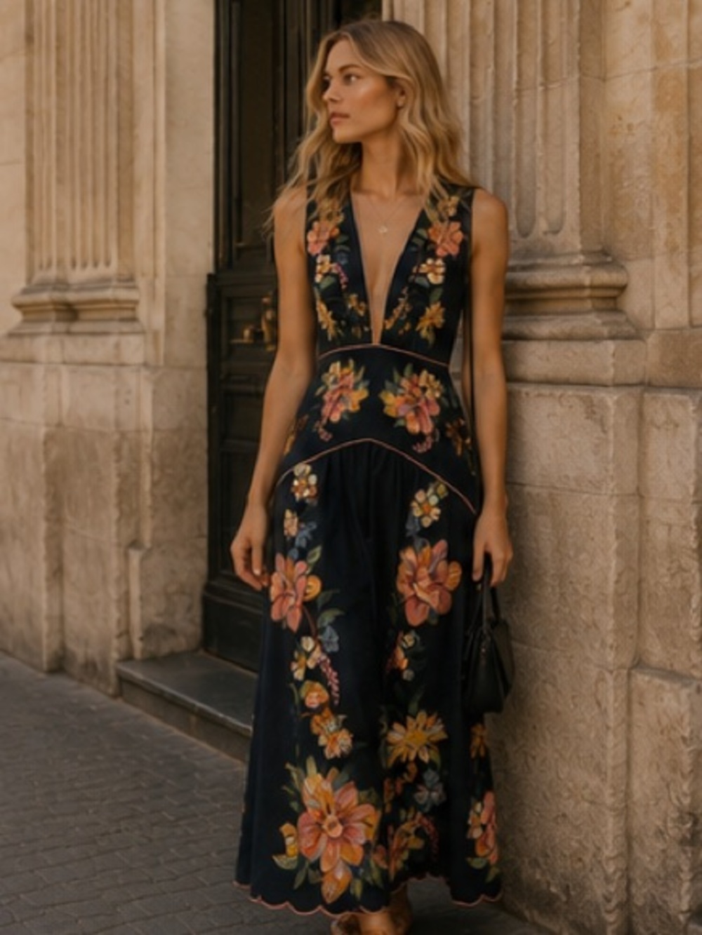 FARM Rio navy blue Maxi Dress with Pink & Yellow Floral Embroidery - Picture 3 of 11